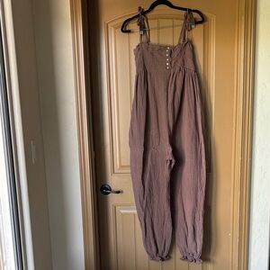 Brown Maternity (M) Tie-Shoulder Smocked Button romper